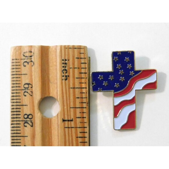 American Flag Gold Cross Lapel Pin Patriotic Red White Blue 1 Inch - Picture 4 of 4